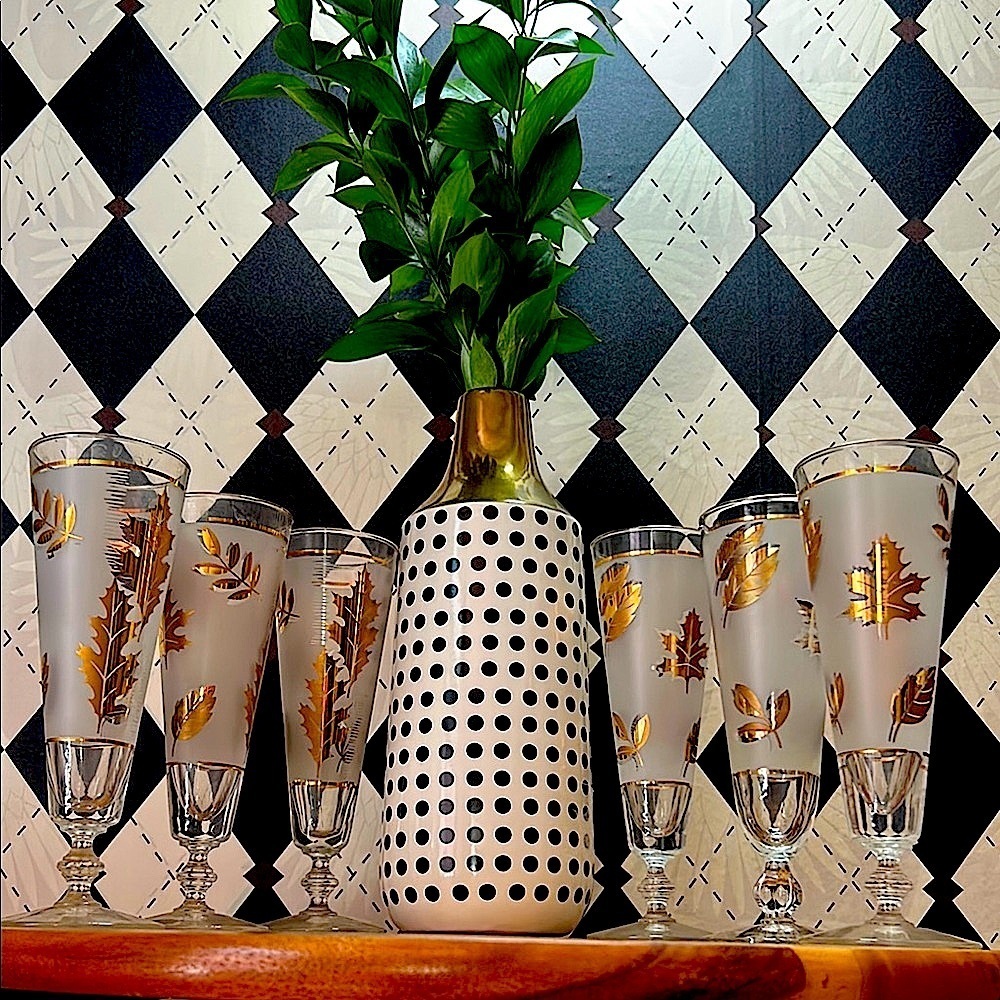 Vintage Libbey 22k Gold Maple Foliage Pilsner Glasses Set of 6| Mid Century Bar - Picture 8 of 17